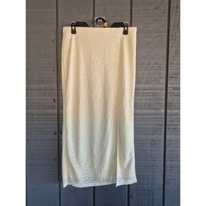 Cream Eyelet Lace Maxi Skirt High Waisted Side Slit Floral‎ Off White Boho